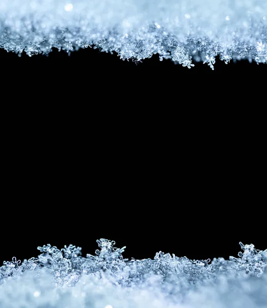Natural Snow Texture Snowflakes Close Isolated Black Background Space Text — Stock Photo, Image