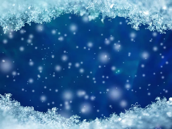 Натуральна Снігова Текстура Сніжинками Крупним Планом Падаючим Снігом Синьому Фоні — стокове фото