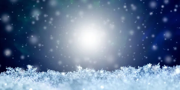 Natural Snow Texture Snowflakes Close Falling Snow Blue Background Glow — Stock Photo, Image