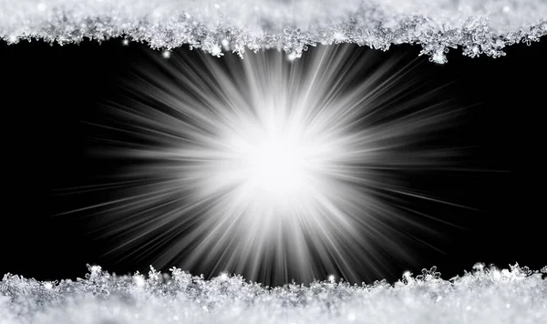 Naturlig Snö Struktur Med Snöflingor Närbild Med Ljus Glödande Stjärna — Stockfoto