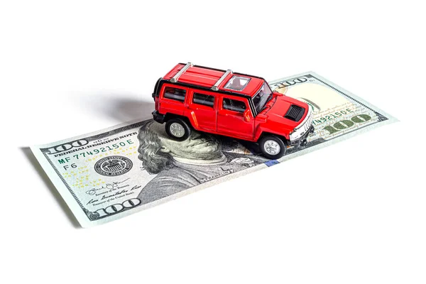 Close Model Beautiful Car Stands Bill 100 American Dollars Isolated Stock Photo