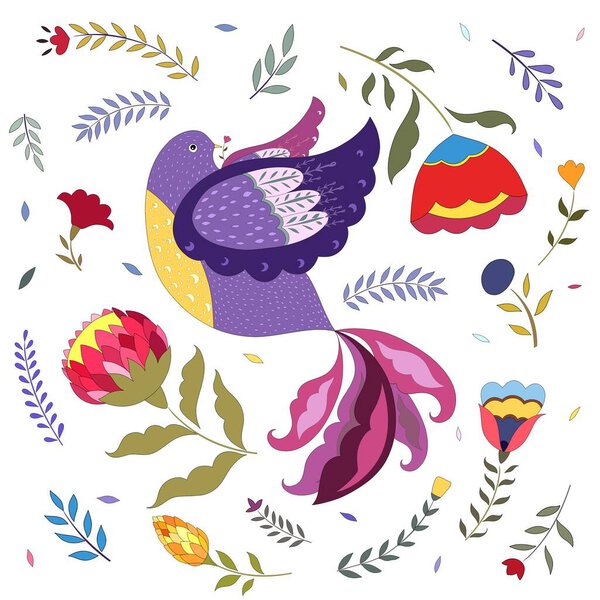 Seamless pattern with birds. Seamless pattern with cartoon chicken. Ethnic bird in bright colors. Colorful fabulous bird of paradise among decorative flowers and leaves.