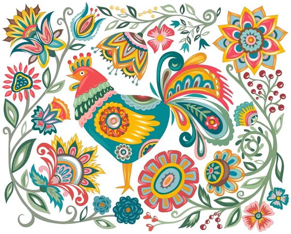 Polish Floral Embroidery Roosters Traditional Folk Pattern Chicken Flowers Chinese — Stock Vector