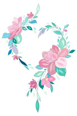 Çiçeklerin kalp şeklinde taşıyıcı çerçevesi. Kartpostal için izole edilmiş botanik çizimi. Çayır çiçeklerinin ve yaprakların kalbi. Kızlar ve güzellik salonları için hediye çeki..