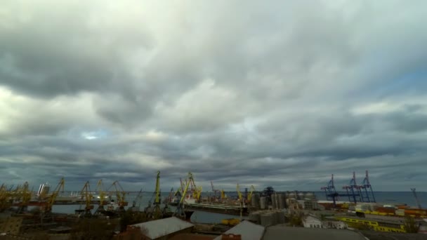 Vista aérea del puerto comercial industrial con contenedores y grúas elevadoras — Vídeos de Stock