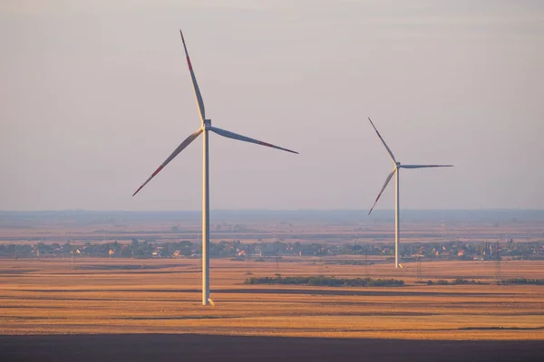 Wind turbines in Serbia, Europe. Late afternoon landscape image of wind turbine park in windy lowlands.