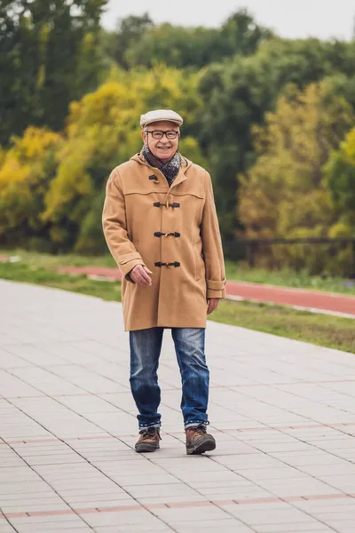 Glückliche Seniorin Geht Herbst Park Spazieren — Stockfoto