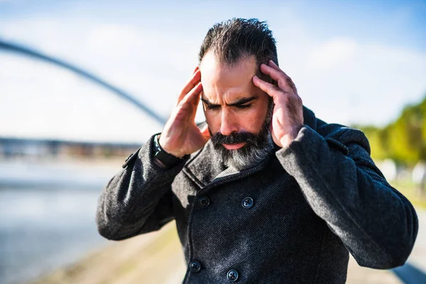 Businessman Sitting Outdoor City Worried Anxious — Stock Photo, Image