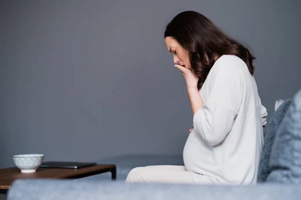 Pregnant Woman Having Pain Her Stomach Back She Sitting Bed — Stock Photo, Image