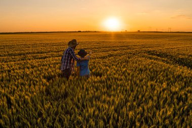 Baba ve oğul büyüyen buğday tarlalarında duruyorlar. Başarılı bir şekilde ektikleri ve gün batımının keyfini çıkardıkları için mutlular..