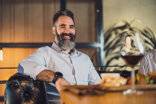 Happy Adult Man Sitting Restaurant Having Dinner Wine — Stock Photo, Image