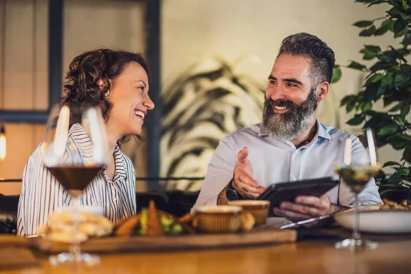 Happy Couple Sitting Restaurant Having Dinner Wine Spending Nice Time — Stock Photo, Image