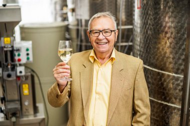 Şarap imalathanesinin sahibi mutlu bir son sınıf öğrencisinin portresi. Şarap deposu tanklarının yanında duruyor ve şarap tadıyor..