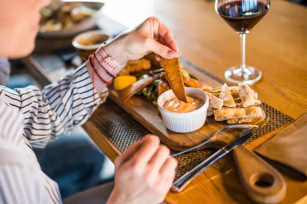 Close Adult Woman Who Having Dinner Wine Restaurant — Stock Photo, Image