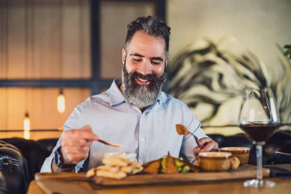 Happy Adult Man Having Dinner Wine Restaurant — стоковое фото