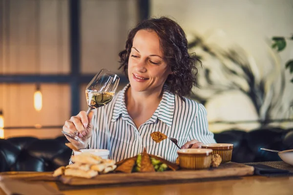 Happy Adult Woman Having Dinner Wine Restaurant — стоковое фото