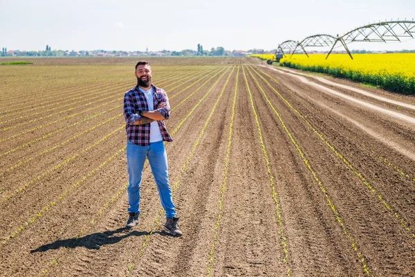 Happy Farmer Standing His Sown Corn Field Satisfied Quality His — Foto Stock