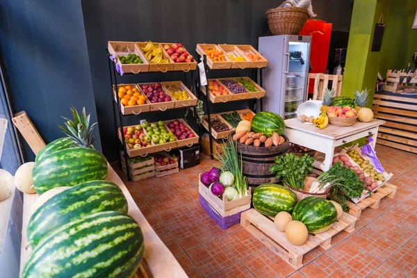 Healthy fruit and vegetables in grocery shop. Vegetarian food supermarket.