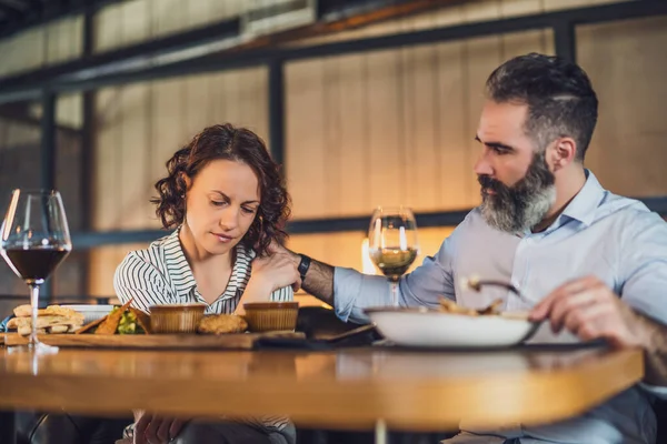 Adult Couple Sitting Restaurant Having Dinner Wine Woman Sad Depressed — Stock Photo, Image