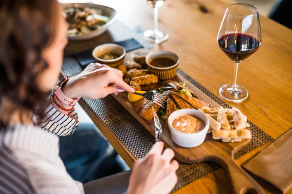 Close Adult Woman Who Having Dinner Wine Restaurant — Stock Photo, Image