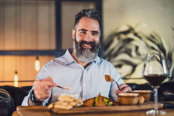 Happy Adult Man Having Dinner Wine Restaurant — стоковое фото