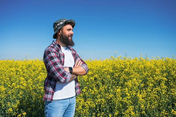 Portrait Happy Successful Farmer Who Standing His Rapeseed Field Rapeseed — Stock fotografie