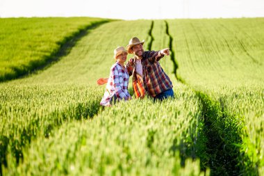Man and woman are working together. They are cultivating wheat.
