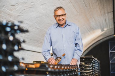 Şaraphane sahibi kıdemli bir adamın portresi. Şarap mahzeninde kaliteyi inceliyor. Endüstriyel şarap yapma kavramı.