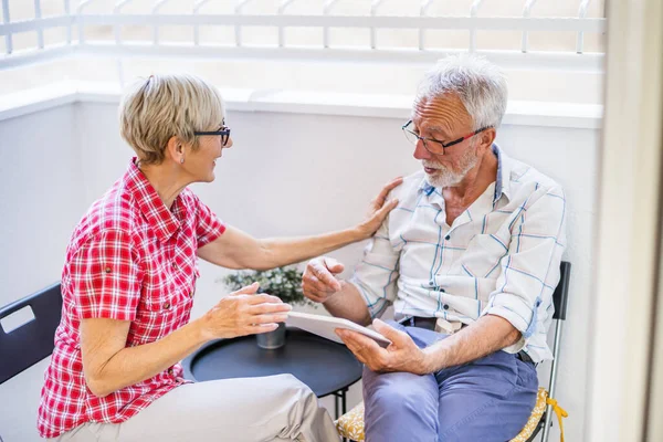 Senior Couple Sitting Talking Terrace Home Leisure Time — Stock Photo, Image