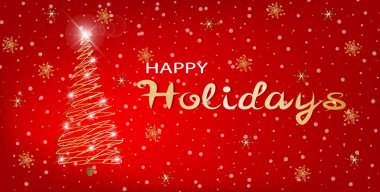 Kırmızı arka planda Noel ağacı ve kar taneleri olan lüks tatil afişleri