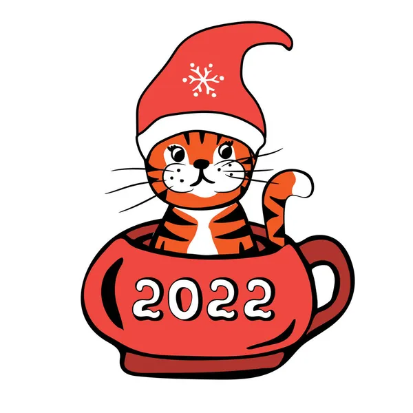 Χαριτωμένο Cartoon Tiger Καπέλο Κάθεται Ένα Φλιτζάνι Καφέ Συμβολαιογραφικό Έτος — Διανυσματικό Αρχείο