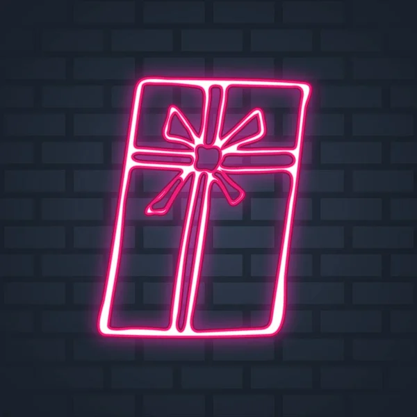 Boîte Cadeau Noël Néon Sur Fond Mur Briques — Image vectorielle