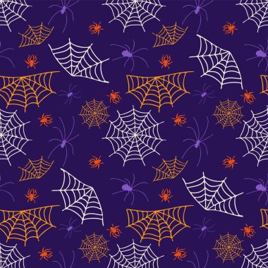 Örümcekler ve örümcek ağlarıyla kusursuz Cadılar Bayramı deseni