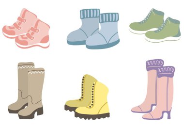 Colorful winter boots shoes set. Cute hand drawn elements for winter design