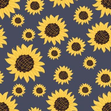 Mavi arkaplanda sarı ayçiçekleri olan kusursuz desen
