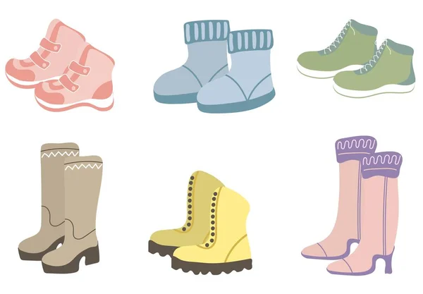 Botas Invierno Colorido Conjunto Zapatos Lindos Elementos Dibujados Mano Para — Vector de stock