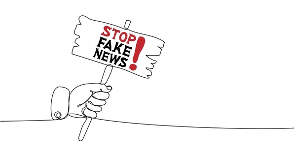 Průběžný Jednořádkový Výkres Ruky Nápisem Stop Fake News — Stockový vektor