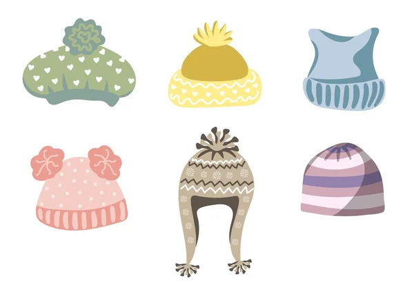 Colorful Knitted Winter Hats Set Cute Hand Drawn Elements Winter — Stockový vektor