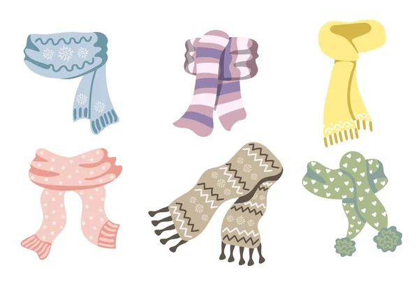 Kleurrijke Gebreide Winter Sjaals Set Leuke Handgetekende Elementen Voor Het — Stockvector