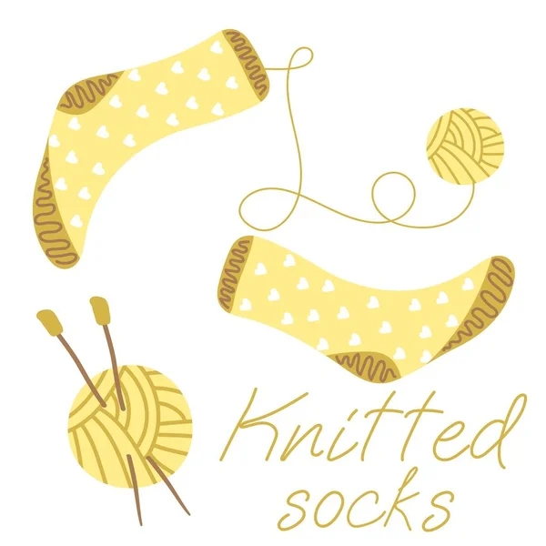 Pair Yellow Knitted Warm Socks Heart Pattern Indoor Hobby — 스톡 벡터