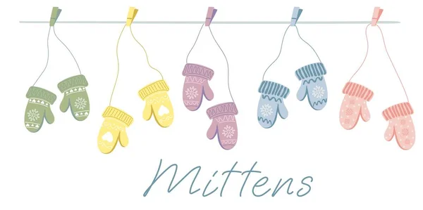 Set Different Knitted Mittens Hanging Rope — Stockový vektor