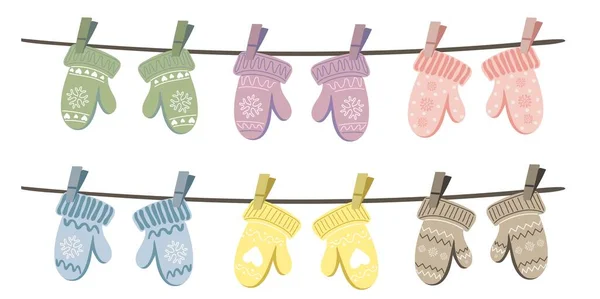 Set Different Knitted Mittens Hanging Rope — Stockový vektor