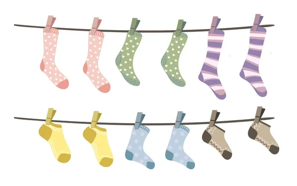 Set Different Socks Hanging Rope — Stockový vektor