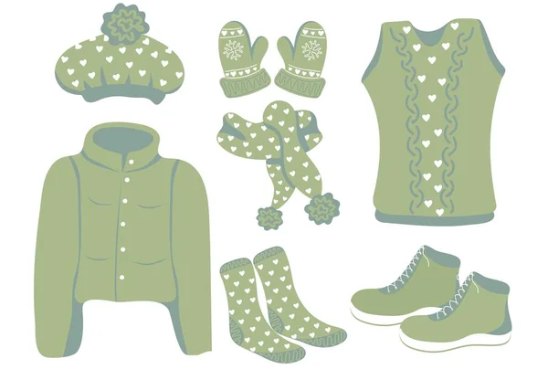 Yeşil Örülmüş Kışlık Giysiler Dış Giysi Takımı Örülmüş Kış Eşarbı — Stok Vektör