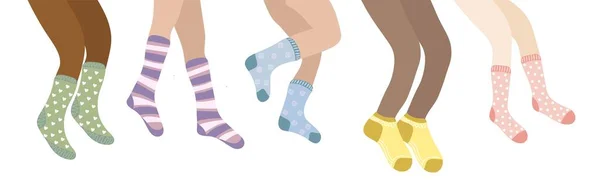 Set People Legs Colorful Socks Women Legs Different Skin Color — Vetor de Stock