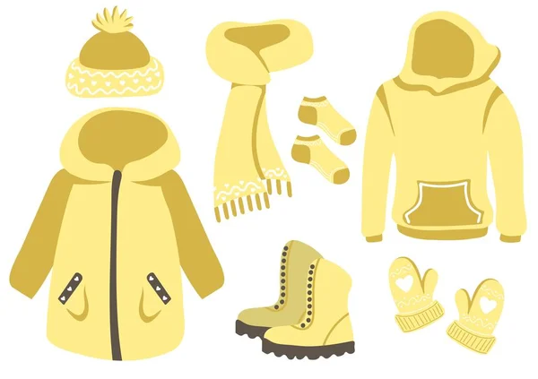 Sarı Örülmüş Kışlık Giysiler Dış Giysi Seti Örülmüş Kış Eşarbı — Stok Vektör