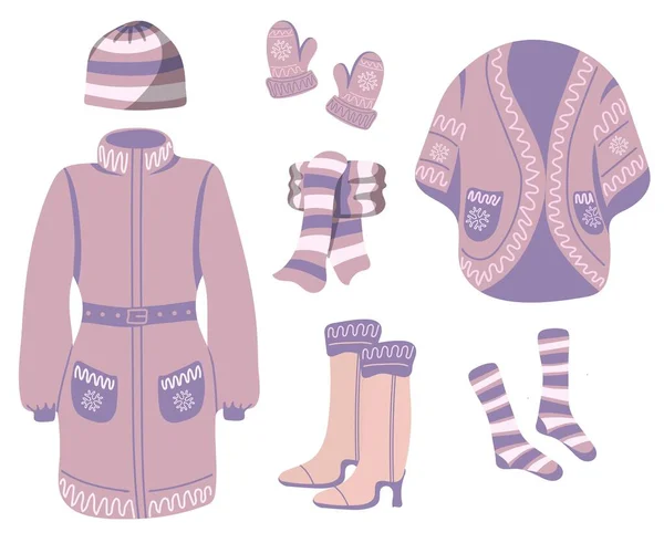 Набор Фиолетовой Трикотажной Зимней Одежды Верхней Одежды Вязанный Зимний Шарф — стоковый вектор