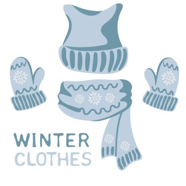 Blue scarf, hat and mittens, traditional winter set. Warm clothes