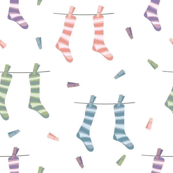 Seamless Pattern Knitted Striped Socks Hanging Rope Clothes Pins White — Stockový vektor