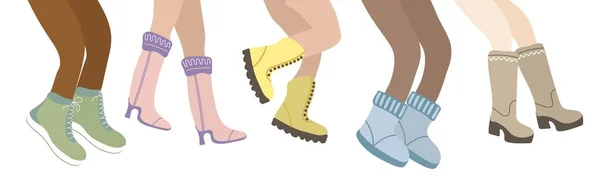Set People Legs Winter Boots Women Legs Different Skin Color — Stock Vector
